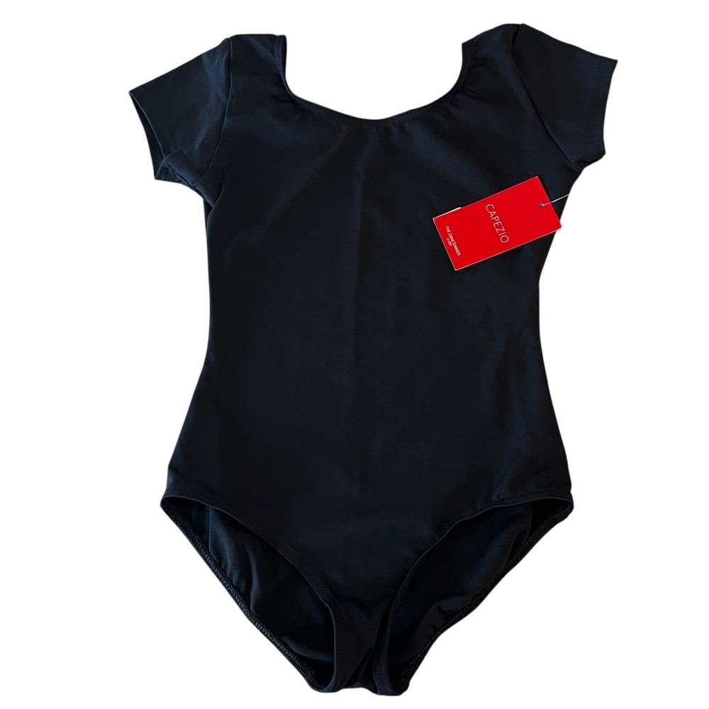 NWT Capezio Short Sleeve Leotard Girls Large‎ Black Ballet Dancewear